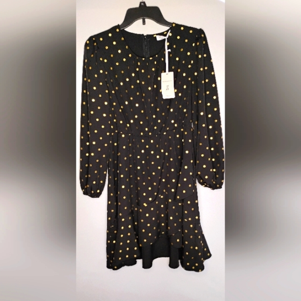 Jasambac Women's High Low Dress Midi Sz M Black Gold Polka Dots NWT E-3